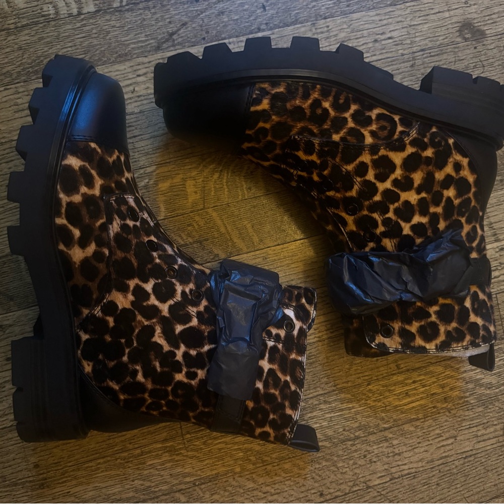 Karl Lagerfeld Leopard Print combat Ankle Boots with Black Soles